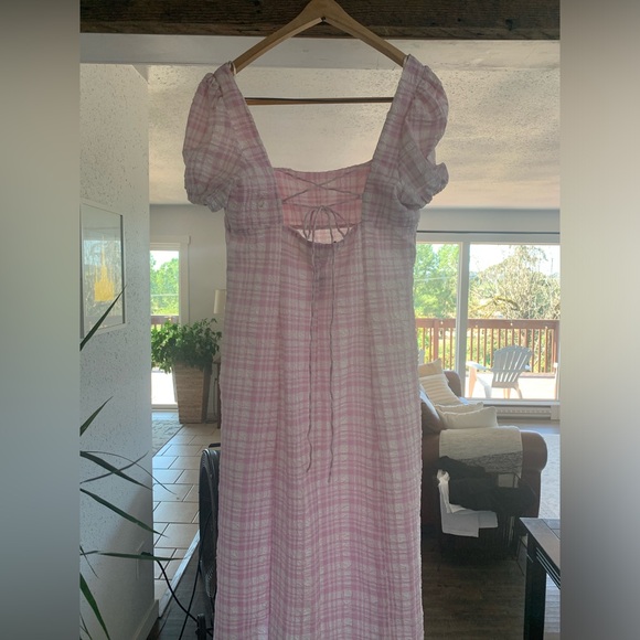 Zara Pastel Plaid Peasant Maxi Dress Square Neck Purple Women’s L Lace up NWT - Picture 4 of 11